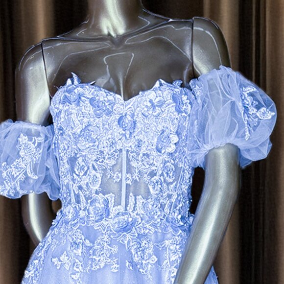 NEW A-LINE FLORAL EMBELLISHED GOWN W/ SWEETHEART NECK & PUFF SLEEVELESS AC 3041 - Picture 4 of 10